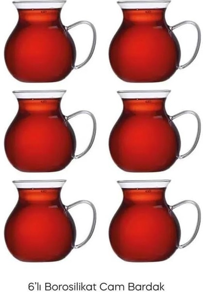 Borosilikat Cam Çay Bardağı Seti, Çizgili Desenli, Kulplu, 6 Adet, Tombul Fincan Tasarımı Çizgili Borosilikat Cam Kulplu Çay Bardağı 220ML Bardak