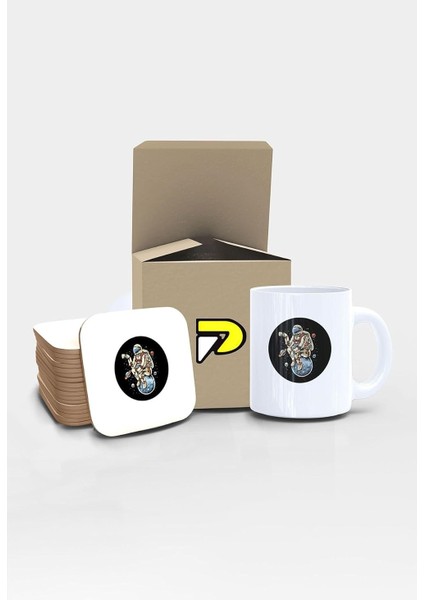 Astronot ve Kahve Uzay Tasarımlı Baskılı Kupa Bardak Seti, Eğlenceli Özel Hediye Mug