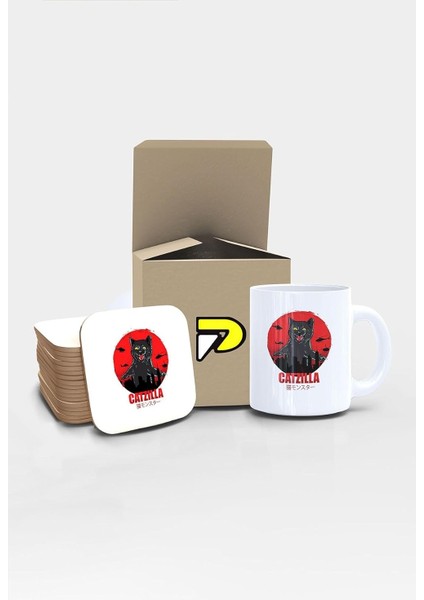 Catzilla Komik Kedi Tasarımlı Baskılı Kupa Bardak Seti, Eğlenceli Özel Hediye Mug