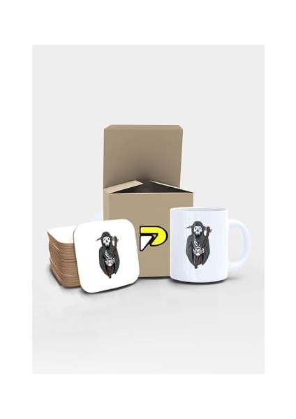 Azrail ve Kahve Tasarımlı Baskılı Kupa Bardak Seti, Eğlenceli Özel Hediye Mug