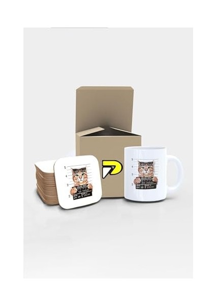 Suçlu Kedi Tasarımlı Baskılı Kupa Bardak Seti, Eğlenceli Özel Hediye Mug