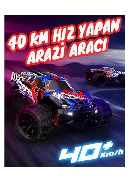 Oyuncak 40 Km Hız Yapan 2.4 Ghz Uzaktan Kumandalı Şarjlı 4x4 Full Fonksiyon Arazi Aracı Offroad Araba Işıklı Süspansiyonlu Yüksek Teker Mavi-Kırmızı ve Turuncu-Mavi) (Kırmızı-Mavi) modelleri