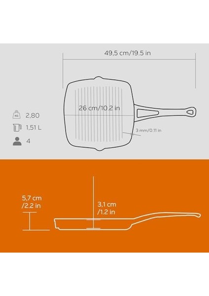 Döküm Izgara Tava, Metal Saplı, 26X26 Cm, Turuncu fiyatları
