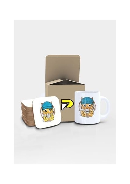 Şapkalı Tarz Kedi Tasarımlı Baskılı Kupa Bardak Seti, Eğlenceli Özel Hediye Mug