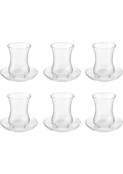12 Parça Klasik Çay Seti – 6 Çay Bardağı ve 6 Çay Tabağı, Şeffaf Cam, 8 cm Bardak, 10 cm Tabak, Şık ve Dayanıklı Tasarım