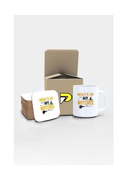 Whats Up My Witches Yazılı Komik Tipografik Tasarımlı Baskılı Kupa Bardak Seti, Eğlenceli Özel Hediye Mug