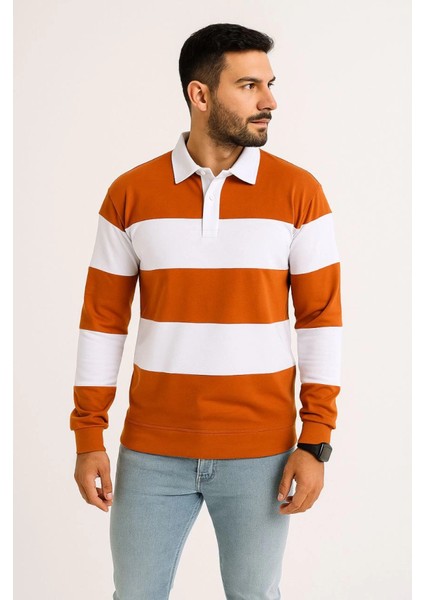 Erkek Polo Yaka Uzun Kollu Çizgili Sweatshirt Trend Rugby Stil - Turuncu