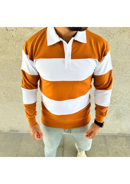 Erkek Polo Yaka Uzun Kollu Çizgili Sweatshirt Trend Rugby Stil - Turuncu fiyatları