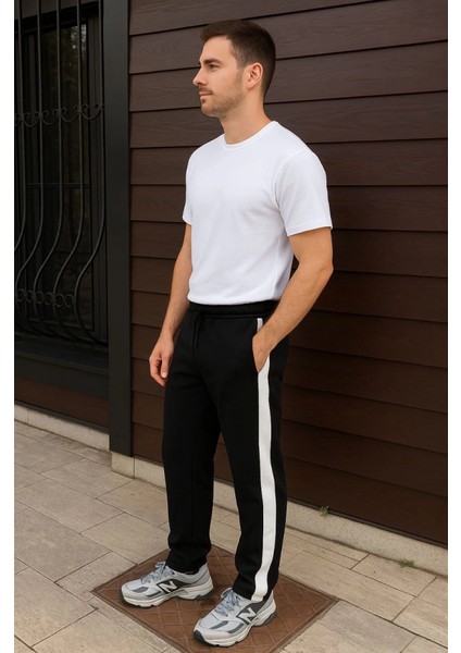 Erkek Üç Iplik Kışlık Pamuklu Yandan Garneli Kalın Şeritli Cepli Eşofman Altı - Siyah