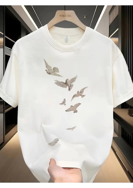 Baskılı Oversize Bisiklet Yaka T-Shirt - Beyaz