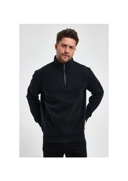 Oversize Yarım Farmuarlı Yakalı Basic Sweatshirt - Siyah