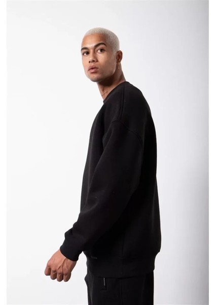 Unisex Biskilet Yaka Üç Iplik Sweatshirt - Siyah fırsatları