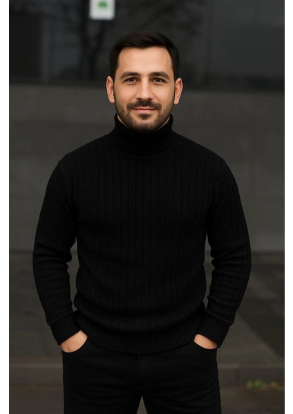 Erkek Fitilli Triko Kazak 2li Set Bordo Siyah Regular Balıkcı Yaka Tam Boğazlı Triko Seti Modeli modelleri