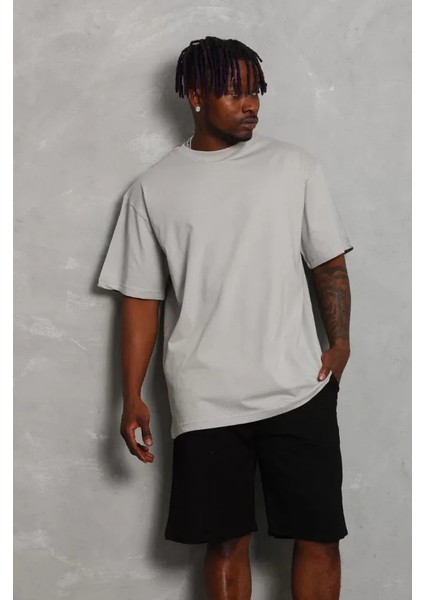 Unisex Oversize Düz Bisiklet Yaka T-Shirt - Gri fırsatları
