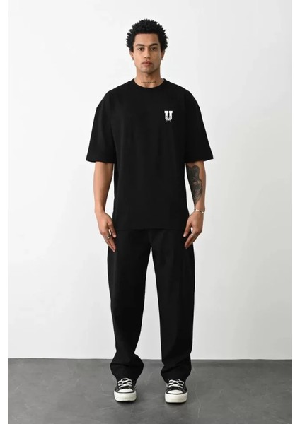 Unisex Bisiklet Yaka Baskılı Oversize T-Shirt - Siyah