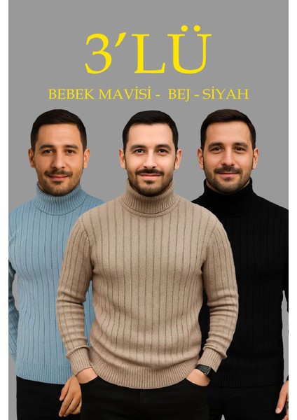 Erkek Fitilli Triko Kazak 3lü Set Bebek Mavisi Bej Siyah Regular Balıkcı Yaka Tam Boğazlı Triko