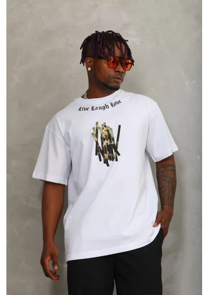 Unisex Oversize Baskılı Bisiklet Yaka T-Shirt - Beyaz