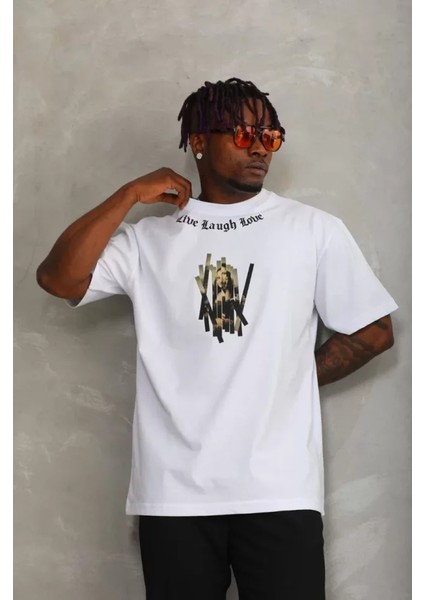 Unisex Oversize Baskılı Bisiklet Yaka T-Shirt - Beyaz fiyatları