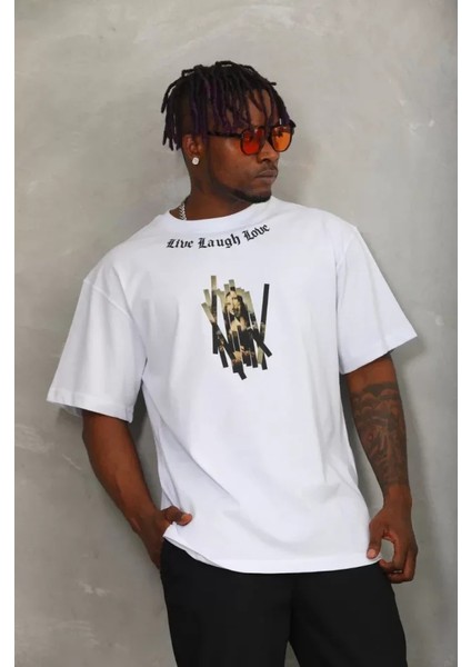 Unisex Oversize Baskılı Bisiklet Yaka T-Shirt - Beyaz modelleri