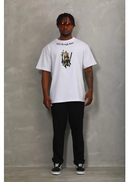 Unisex Oversize Baskılı Bisiklet Yaka T-Shirt - Beyaz fırsatları