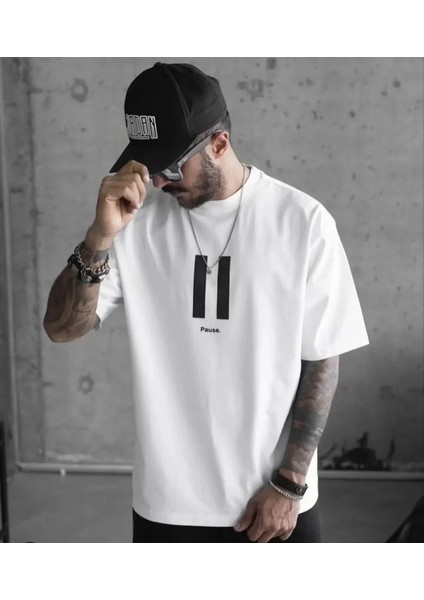 Unisex Bisiklet Yaka Baskılı Oversize T-Shirt - Beyaz fiyatları