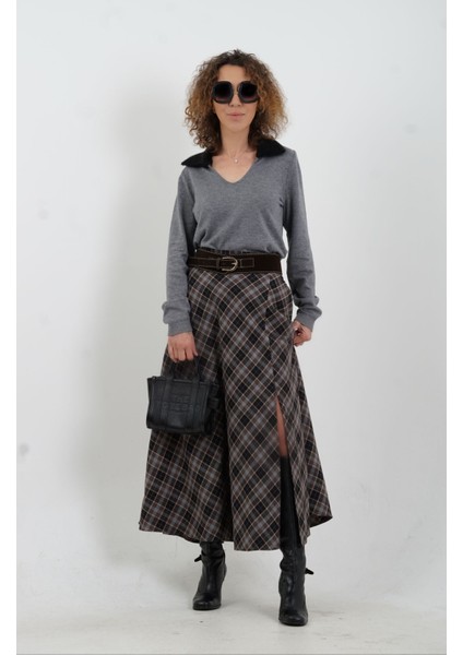 Siyah Kahve Kemerli Yırtmaçlı Ekose Etek