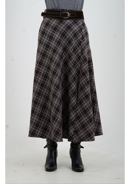 Siyah Kahve Kemerli Yırtmaçlı Ekose Etek modelleri