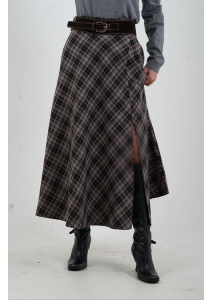 Siyah Kahve Kemerli Yırtmaçlı Ekose Etek fırsatları