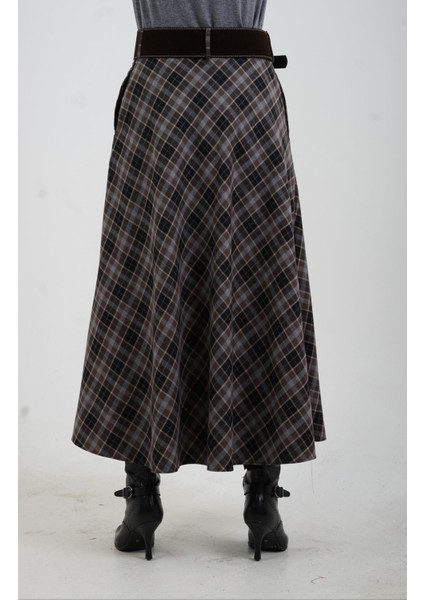 Siyah Kahve Kemerli Yırtmaçlı Ekose Etek indirimleri