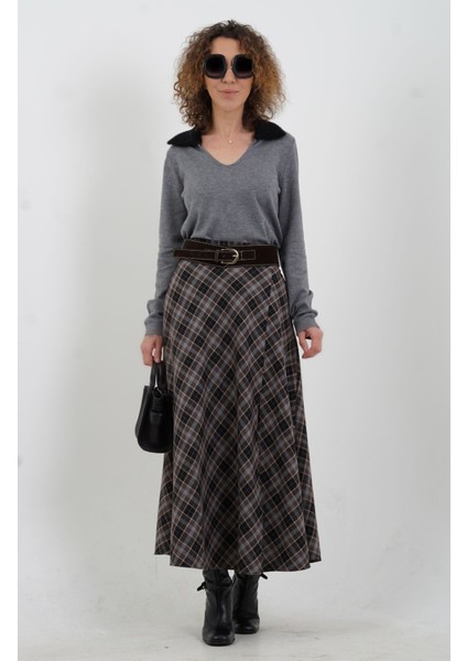 Siyah Kahve Kemerli Yırtmaçlı Ekose Etek