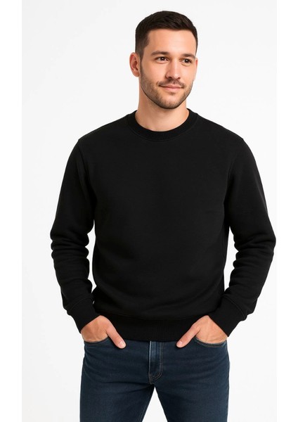 Erkek Üç Iplik Düz Bisiklet Yaka Sweatshirt - Siyah fiyatları