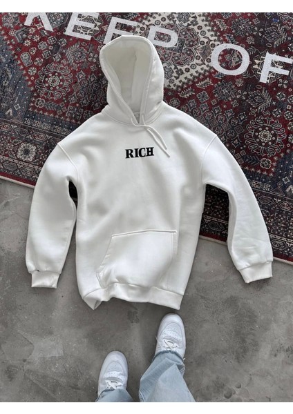 Uzun Kol Kapşonlu Göğüs Baskılı Sweatshirt - Beyaz fiyatları