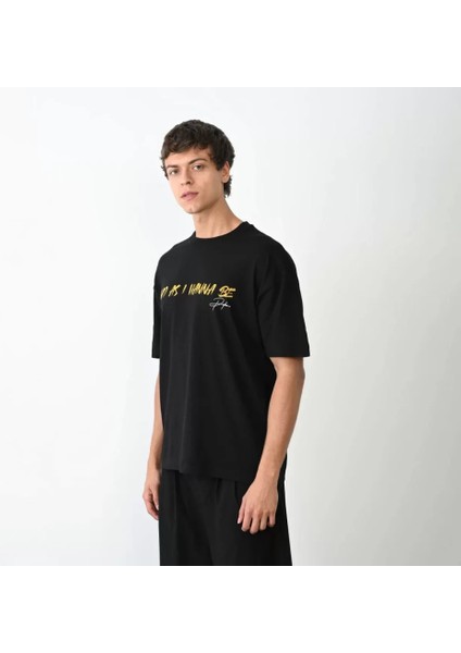 Unisex Bisiklet Yaka Baskılı Oversize T-Shirt - Siyah fiyatları