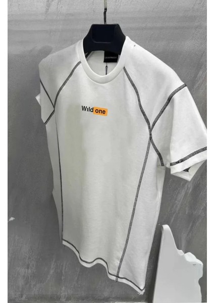 Unisex Dikişli Baskılı Oversize T-Shirt - Beyaz