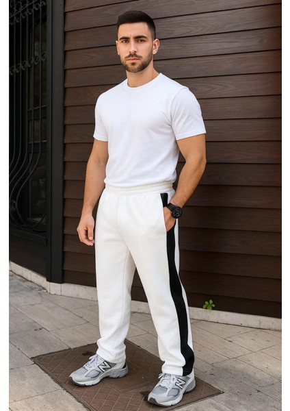 Erkek Üç Iplik Kışlık Pamuklu Yandan Garneli Kalın Şeritli Cepli Eşofman Altı - Beyaz