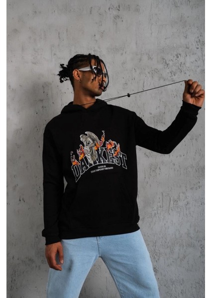 Erkek Oversize Kapüşonlu Sweatshirt – Siyah Renk Üç Iplik Içi Pamuklu Kanguru Cepli Baskıl