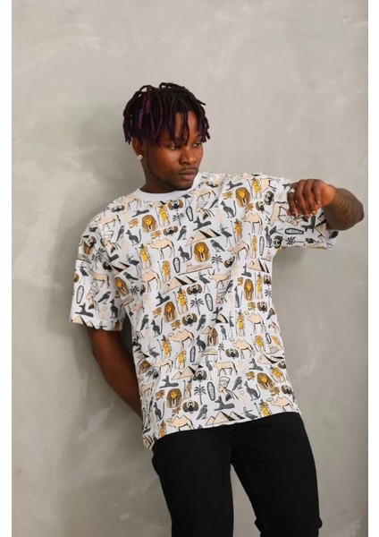 Unisex Oversize Baskılı Bisiklet Yaka T-Shirt - Beyaz fırsatları