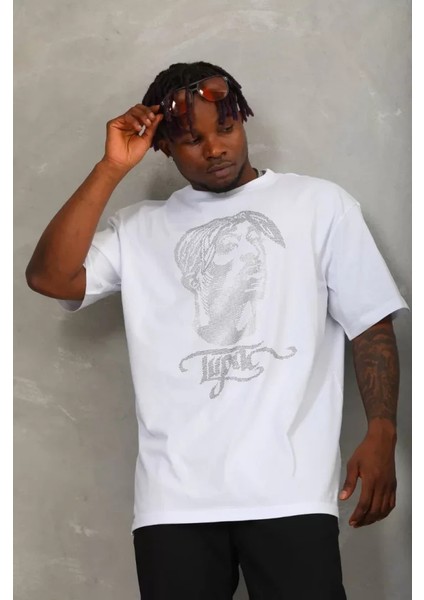 Unisex Oversize Taşlı Bisiklet Yaka T-Shirt - Beyaz fırsatları