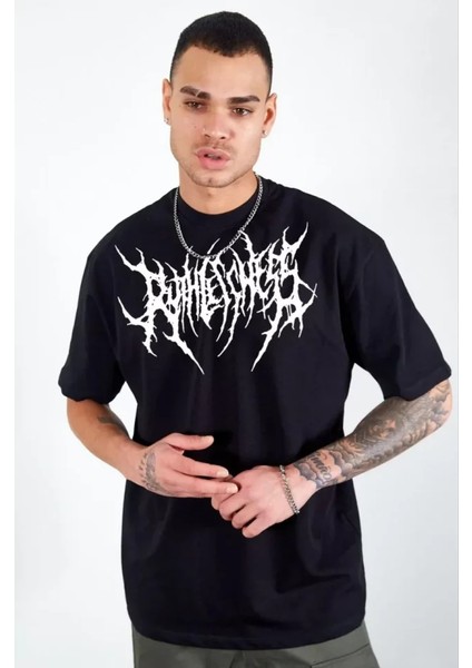 Unisex Bisiklet Yaka Baskılı Oversize T-Shirt - Siyah