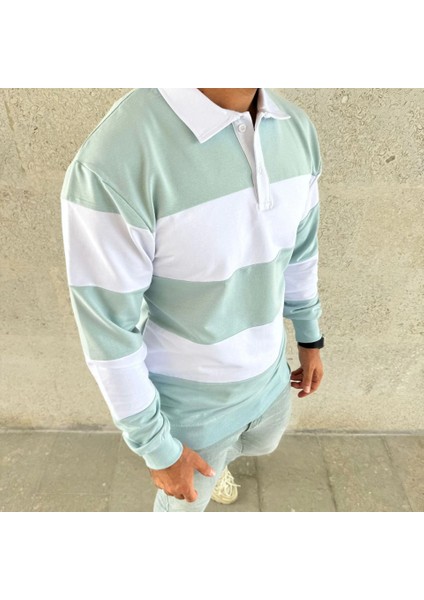 Erkek Polo Yaka Uzun Kollu Çizgili Sweatshirt Trend Rugby Stil - Çağla Yeşili modelleri