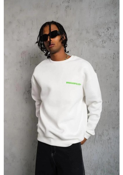 Erkek Oversize Sweatshirt – Beyaz Renk Ön ve Sırt Baskılı, Üç Iplik Içi Pamuklu Kumaş, fiyatları