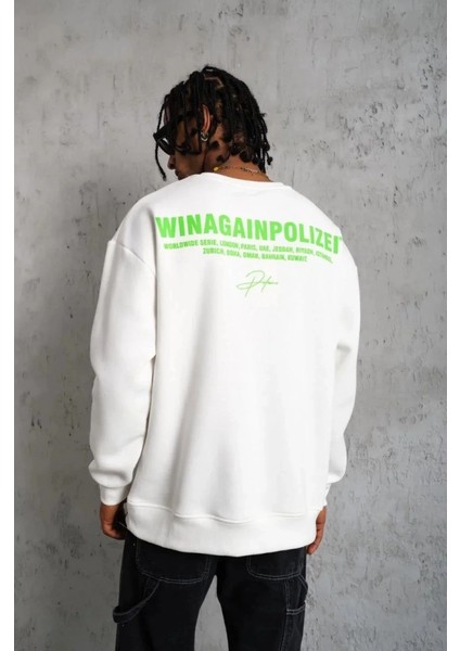 Erkek Oversize Sweatshirt – Beyaz Renk Ön ve Sırt Baskılı, Üç Iplik Içi Pamuklu Kumaş, modelleri