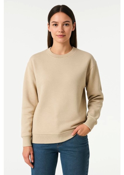 Üç Iplik Düz Bisiklet Yaka Sweatshirt - Bej fiyatları