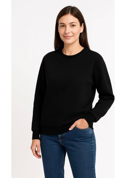 Üç Iplik Düz Bisiklet Yaka Sweatshirt - Siyah