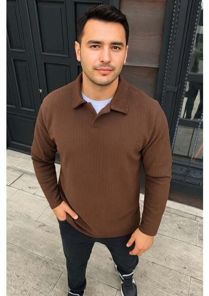 Erkek Fitilli Polar Sweatshirt – Düğmesiz Polo Yaka, Oversize Rahat Kalıp, Kalın Polar Kumaş,