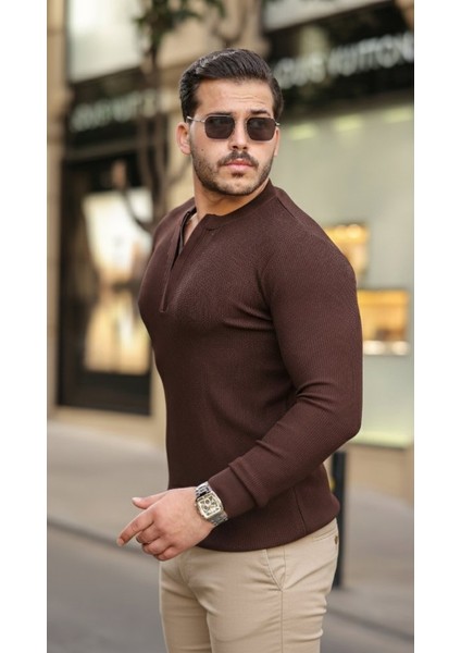 Erkek Fermuarlı Bisiklet Yaka Dokulu Uzun Kollu Triko fırsatları