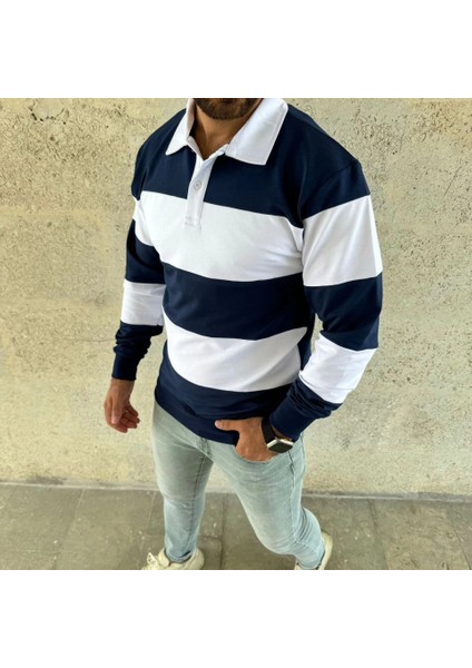 Erkek Polo Yaka Uzun Kollu Çizgili Sweatshirt Trend Rugby Stil - Lacivert modelleri