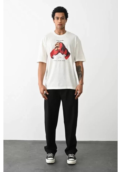 Unisex Baskılı Oversize T-Shirt - Beyaz modelleri