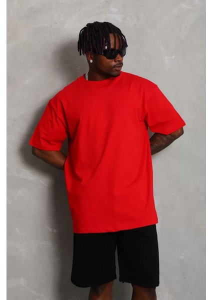 Unisex Oversize Düz Bisiklet Yaka T-Shirt - Kırmızı modelleri