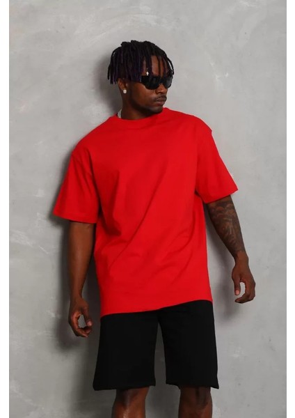 Unisex Oversize Düz Bisiklet Yaka T-Shirt - Kırmızı fırsatları